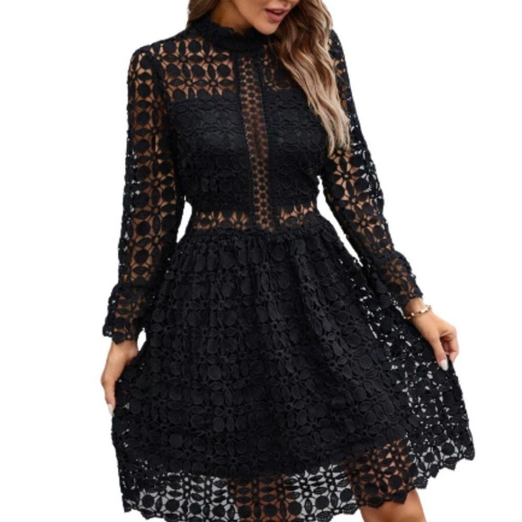 Private Label Dresses & Skirts - Elegant French Fit-n-Flare Cut Romantic Gupuire Lace Paneled Dress All Black